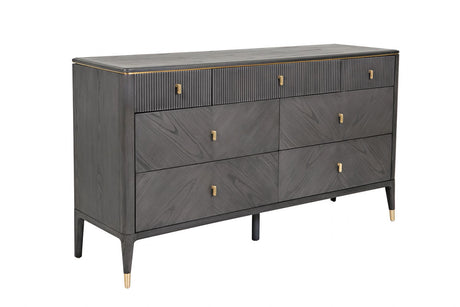 Art Deco Ribbed Brown 7 Drawer Dressing Chest in Brushed Gold Detailing
