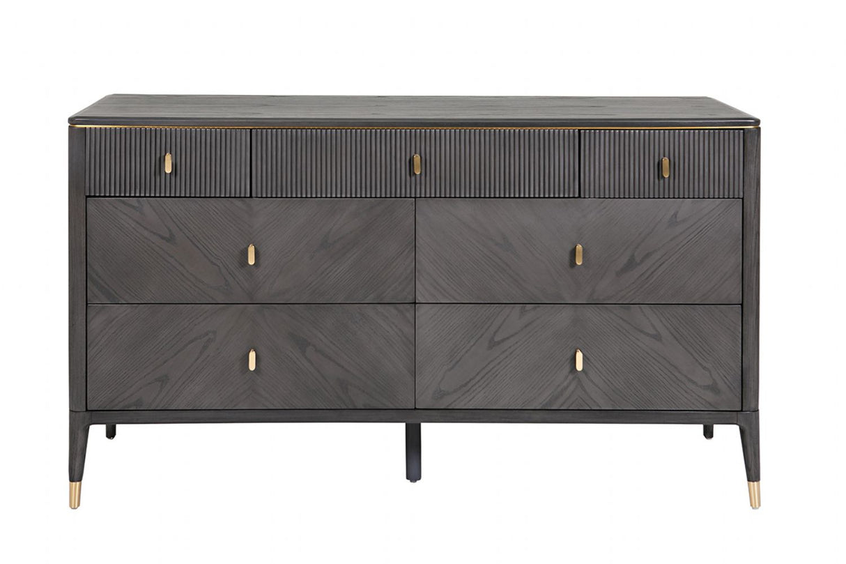 Art Deco Ribbed Brown 7 Drawer Dressing Chest in Brushed Gold Detailing