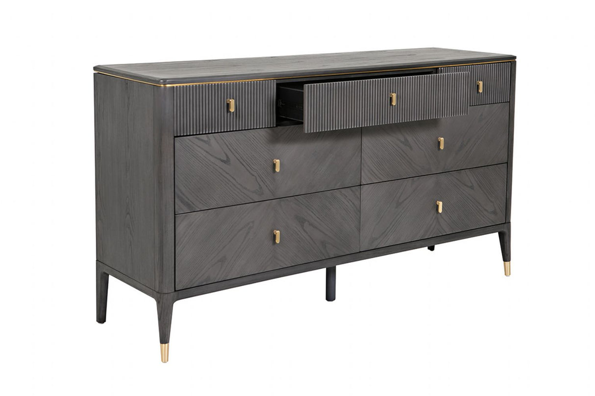 Art Deco Ribbed Brown 7 Drawer Dressing Chest in Brushed Gold Detailing