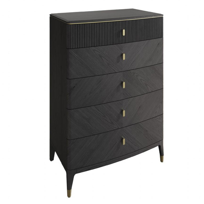 Black dresser with gold accents on a white background