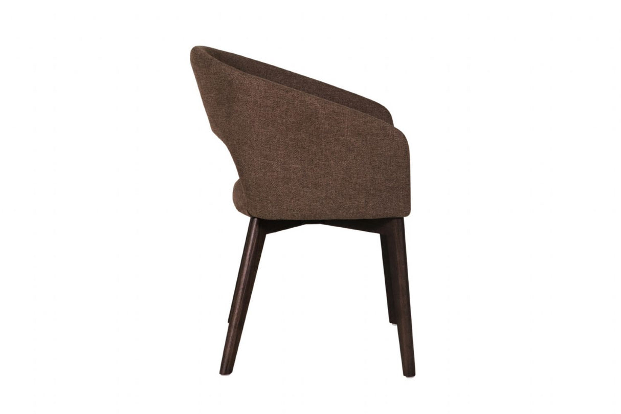 Brown Fabric Upholstered Curved Dining Chair with Walnut Legs