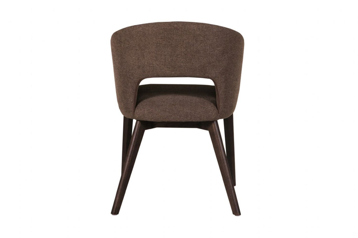 Brown Fabric Upholstered Curved Dining Chair with Walnut Legs