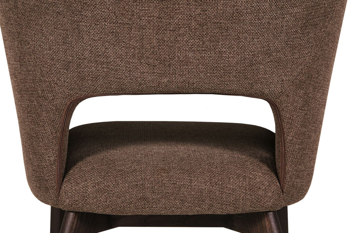 Brown Fabric Upholstered Curved Dining Chair with Walnut Legs