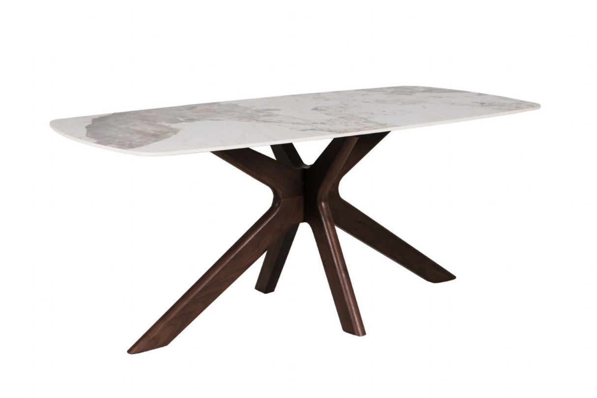 Large Walnut 180cm Rectangular Dining Table Stone Effect Top