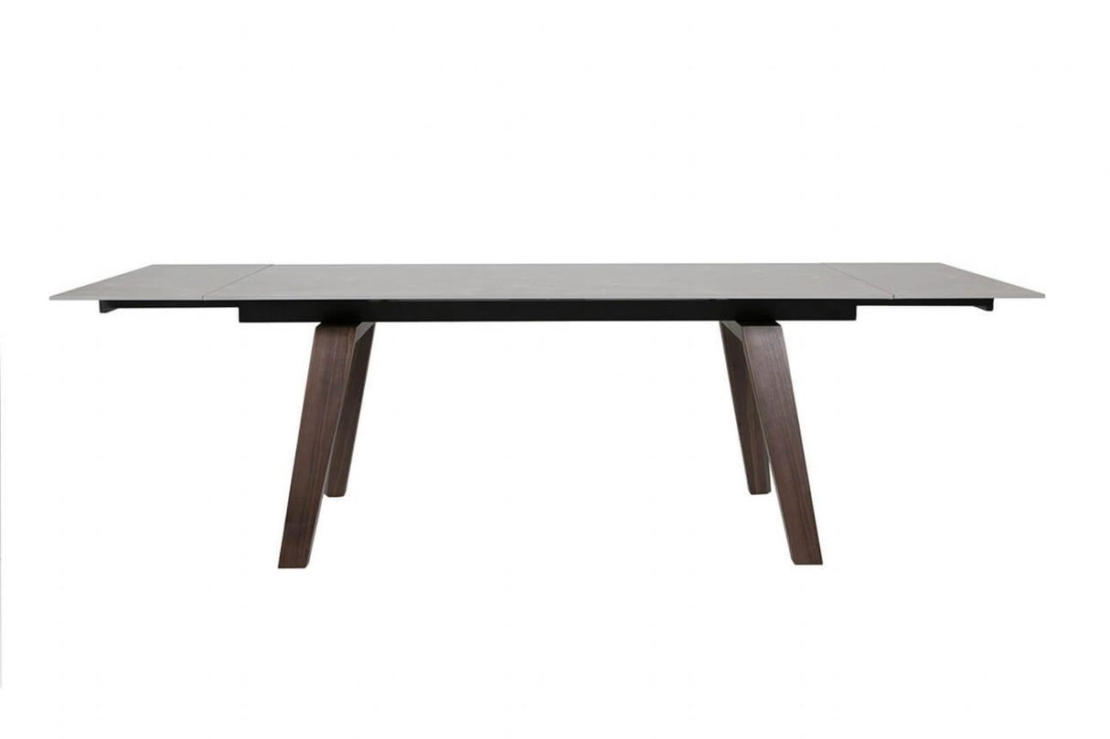 Brown Stone Top Extending Dining Table with Walnut Legs
