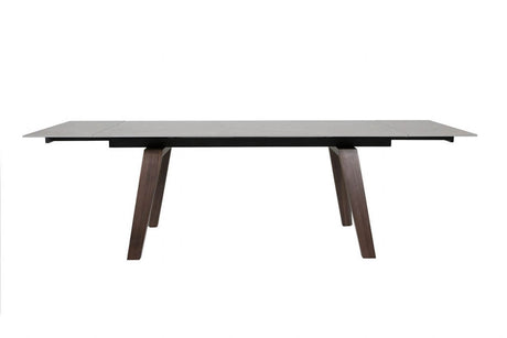 Brown Stone Top Extending Dining Table with Walnut Legs