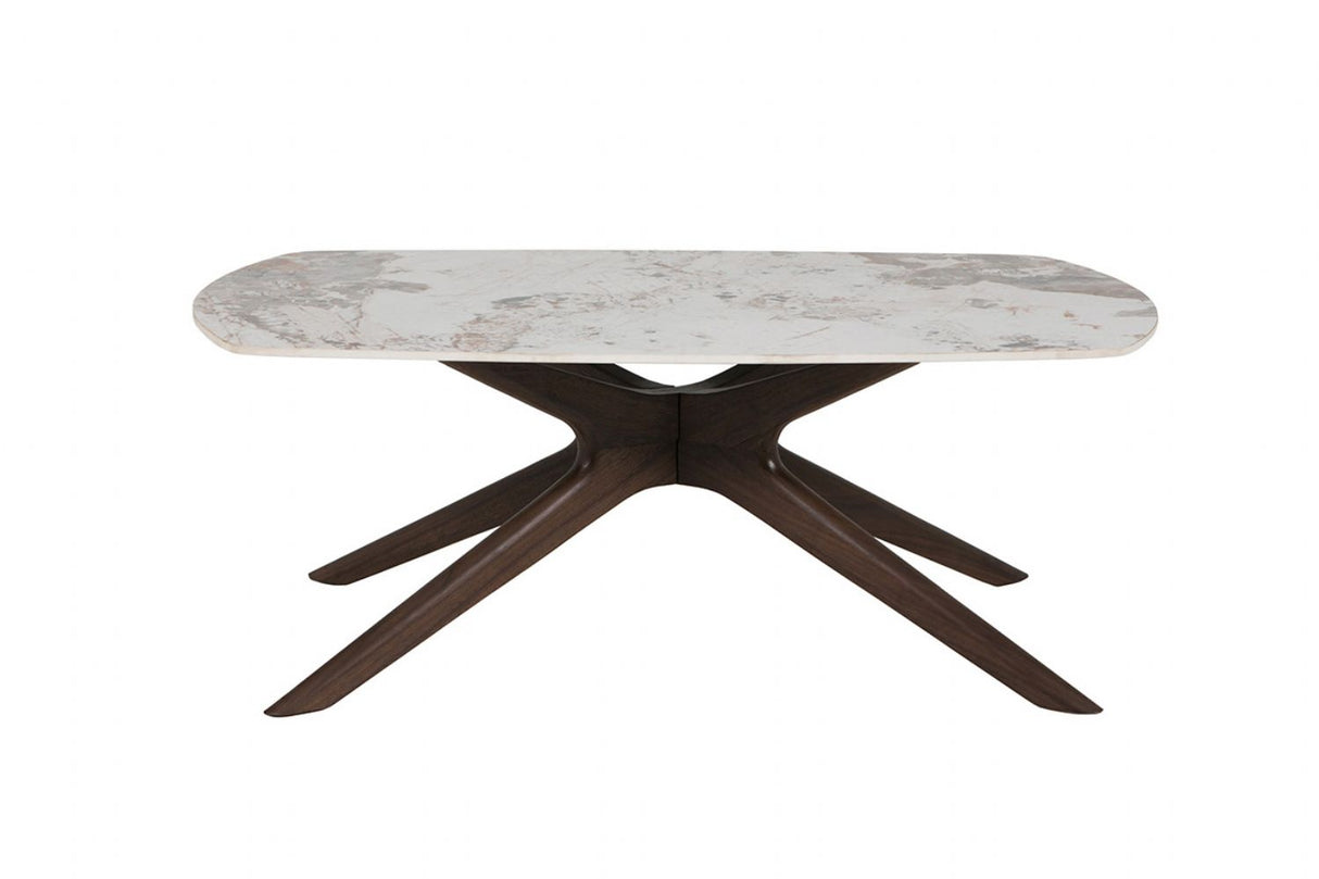 White Sintered Stone Top Coffee Table with Brown Walnut Birch Legs