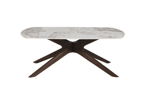 White Sintered Stone Top Coffee Table with Brown Walnut Birch Legs