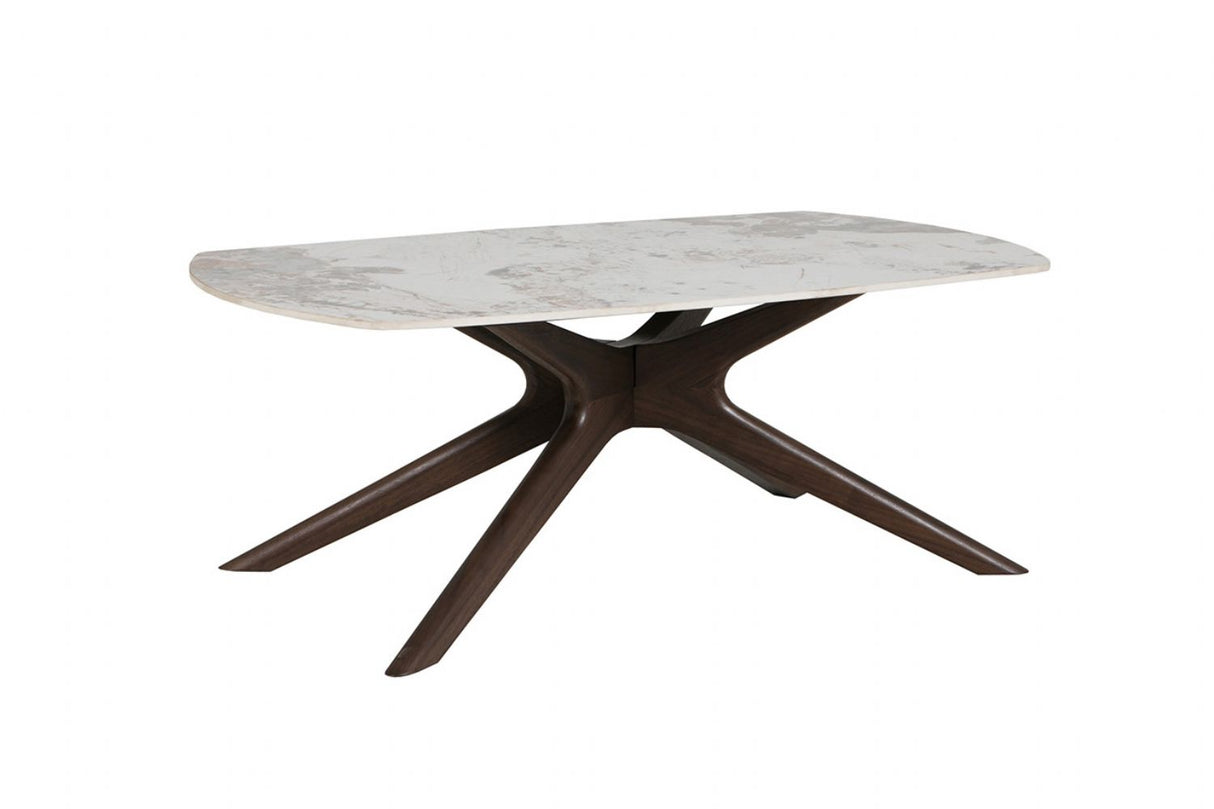 White Sintered Stone Top Coffee Table with Brown Walnut Birch Legs