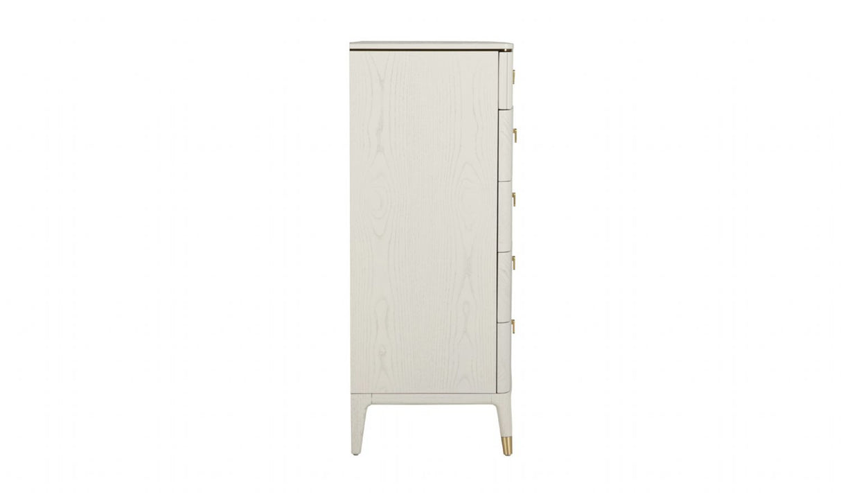 Art Deco White Ribbed Tall 5 Drawer Chest with Brushed Gold Accents