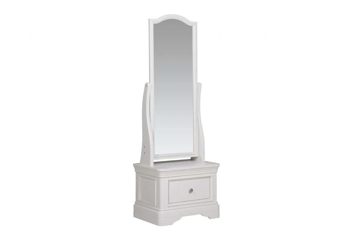Bone White Painted Wooden Large Cheval Mirror with Drawer