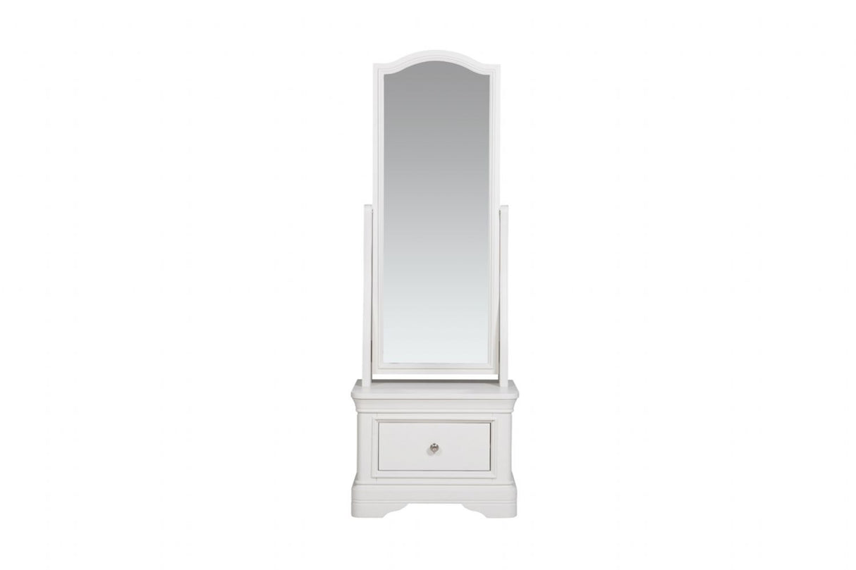 Bone White Painted Wooden Large Cheval Mirror with Drawer