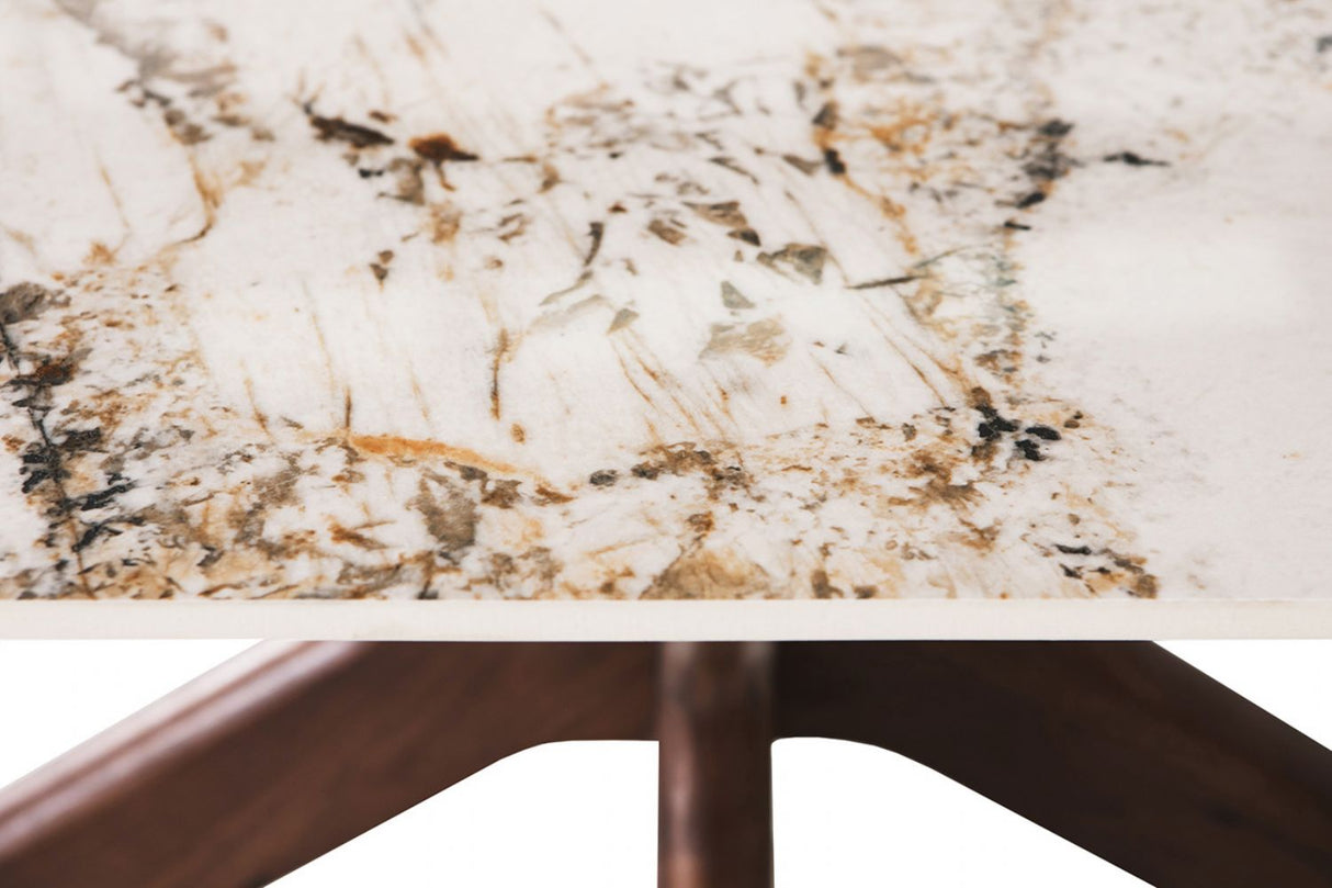 White Sintered Stone Top Coffee Table with Brown Walnut Birch Legs