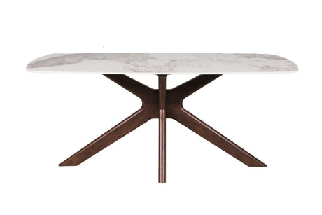 Large Walnut 180cm Rectangular Dining Table Stone Effect Top