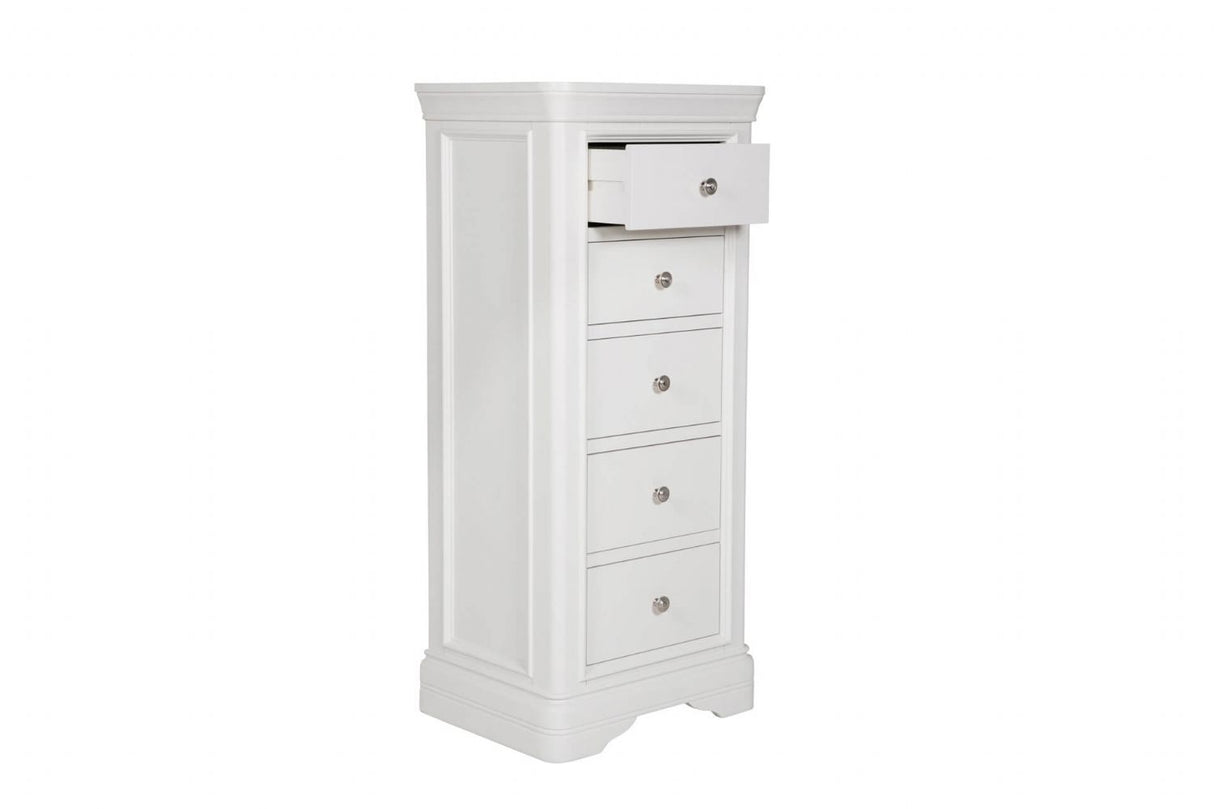 White Decorative Moulding Tall 5 Drawer Chest with Silver Handles