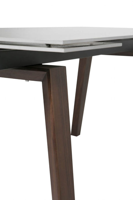 Brown Stone Top Extending Dining Table with Walnut Legs