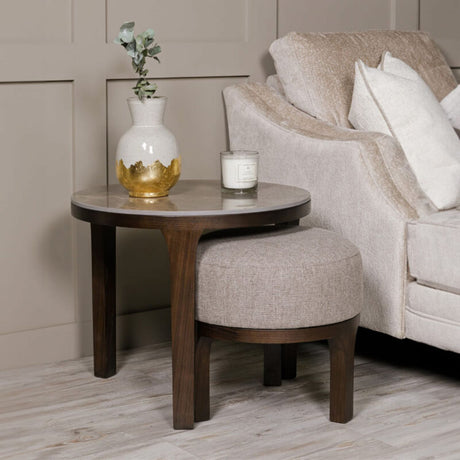 Latte Walnut Wooden Marble Effect Top Round Drinks Table