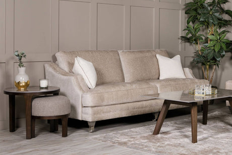 Latte Fabric Round Footstool with Walnut Base
