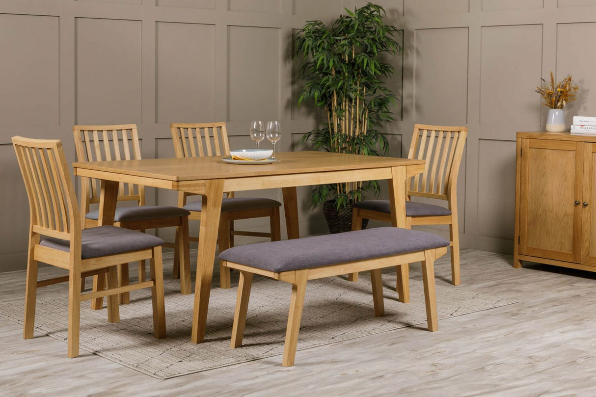 Wooden Slat Back Dining Chair with Grey Fabric Padded Seat