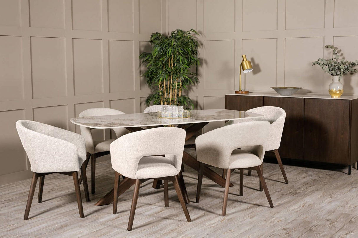 Natural Fabric Upholstered Curved Dining Chair with Walnut Legs