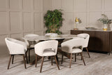 Natural Fabric Upholstered Curved Dining Chair with Walnut Legs