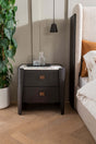Ebony Wood 2 Drawer Bedside Table Cabinet Marble Effect Top