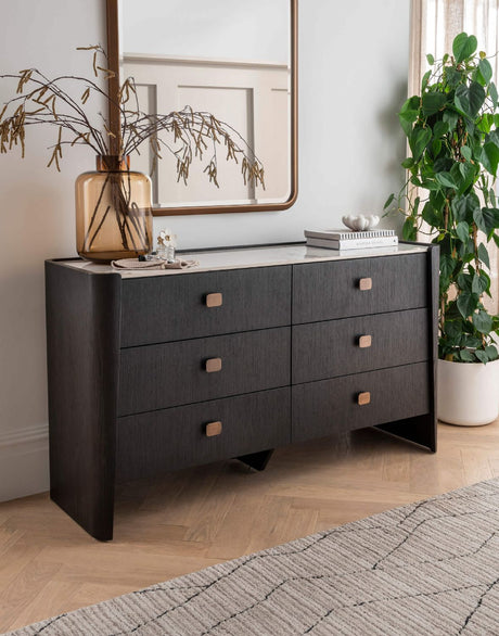 Brown Marble Effect Top Dressing Chest of 6 Drawers