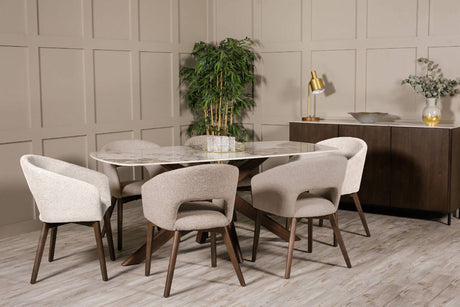 Large Walnut 180cm Rectangular Dining Table Stone Effect Top