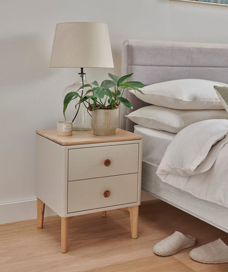 Modern Taupe Oak Veneer 2 Drawer Bedside Cabinet with Soft Close Drawers
