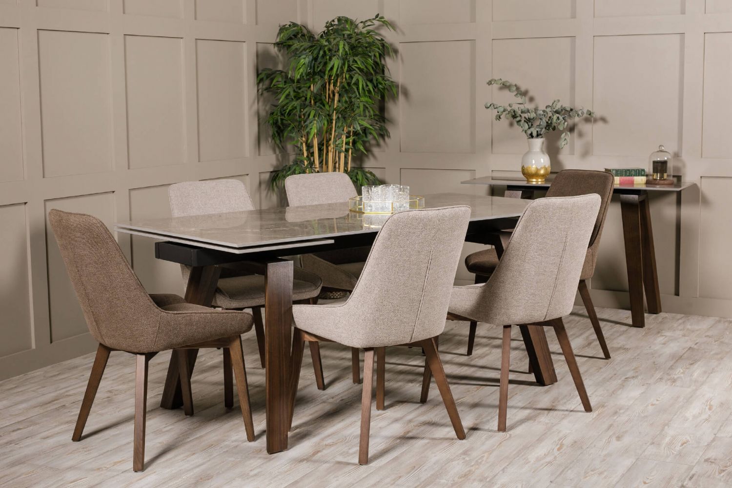 Beige Fabric Upholstered Dining Chair with Walnut Legs