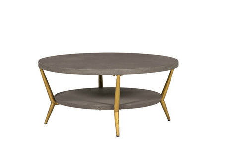 Grey Wooden Round Coffee Table Metal Legs with Shelf