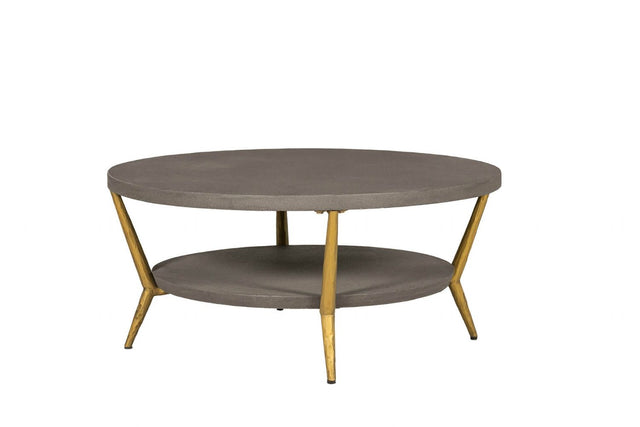 Grey Wooden Round Coffee Table Metal Legs with Shelf