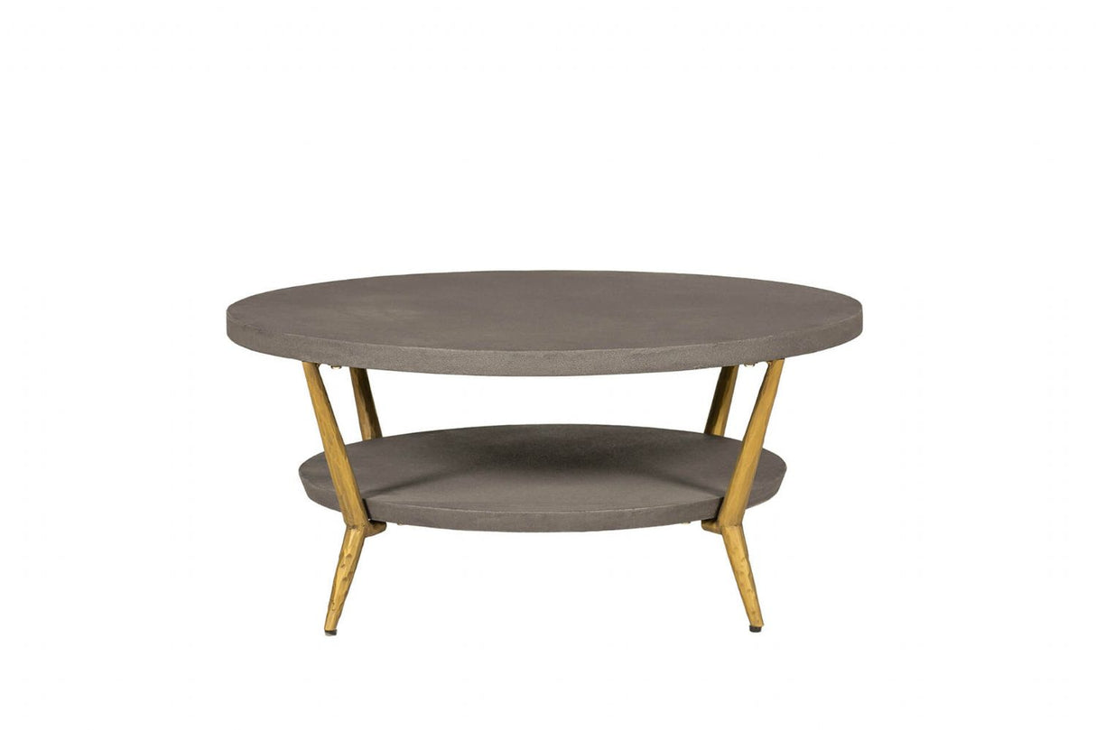 Grey Wooden Round Coffee Table Metal Legs with Shelf