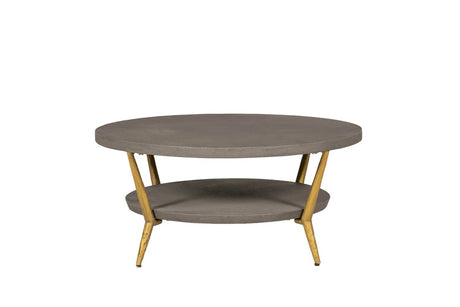 Grey Wooden Round Coffee Table Metal Legs with Shelf