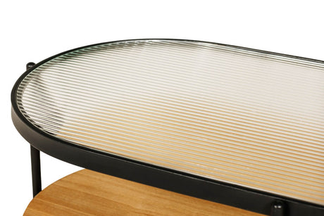 Black Metal Framed Large Oval Coffee Table Ribbed Glass Top