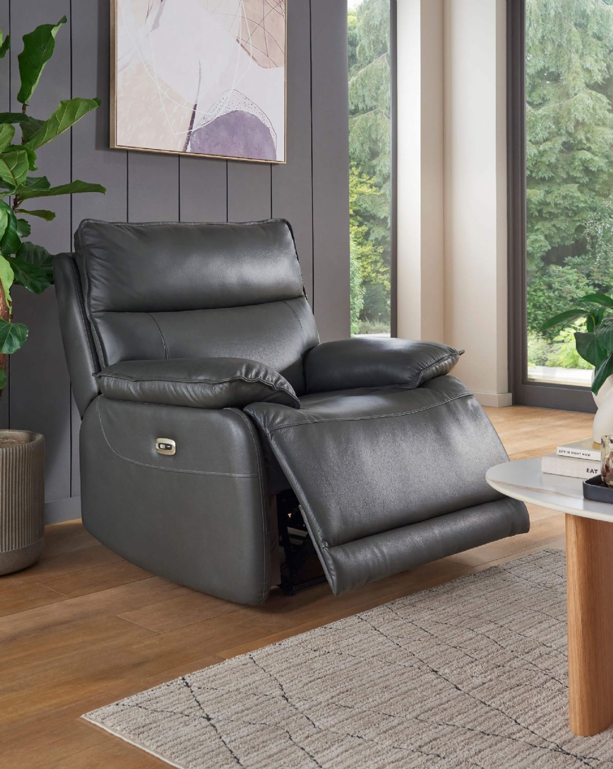 Dark Grey Leather Electric Power Recliner Armchair