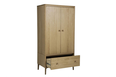 Natural Oak Wooden Double Wardrobe with Bottom Drawer