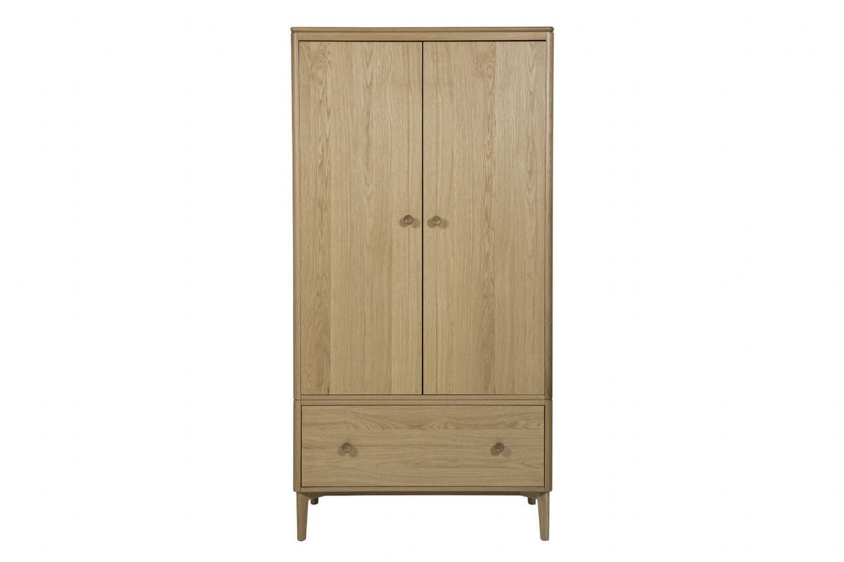 Natural Oak Wooden Double Wardrobe with Bottom Drawer