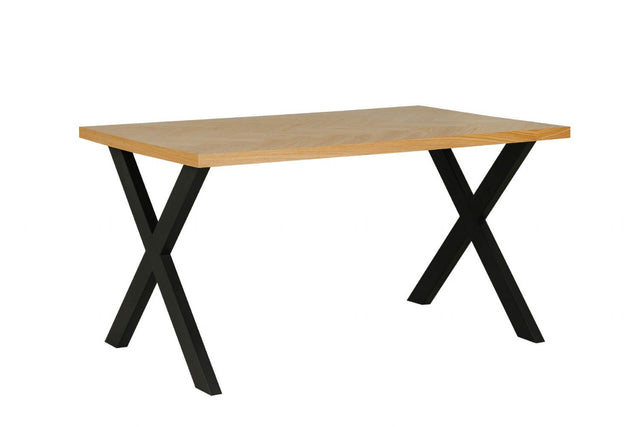 Natural Oak Dining Table Black Metal Cross Legs 140cm