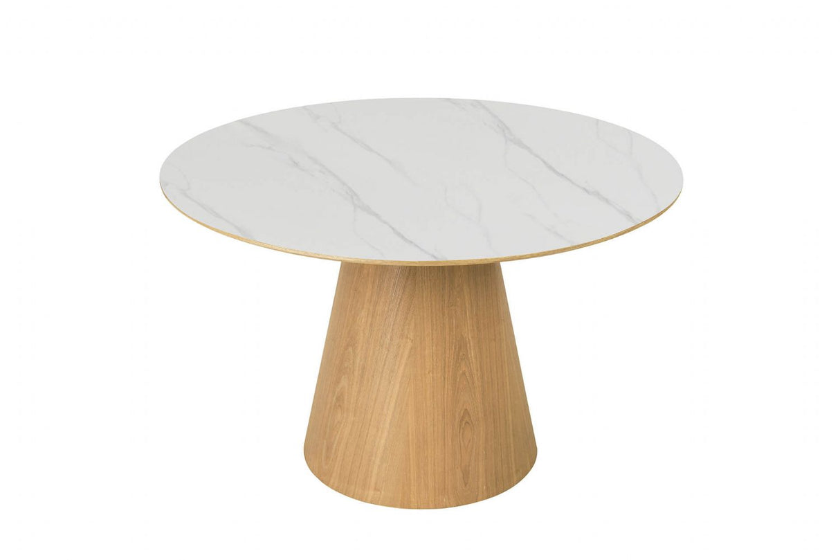 Sand Wood Small Round 120cm Dining Table Marble Effect Top