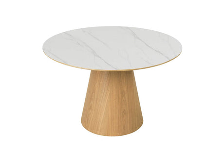Sand Wood Small Round 120cm Dining Table Marble Effect Top