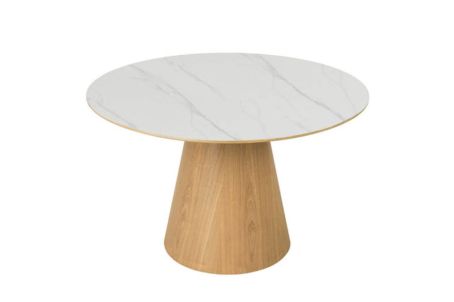 Sand Wood Small Round 120cm Dining Table Marble Effect Top