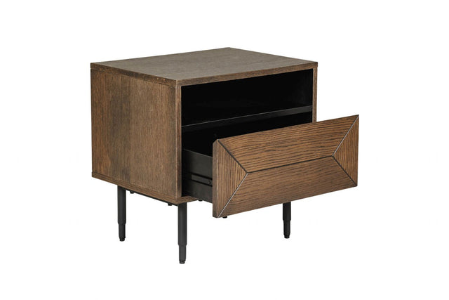 Brown Smoked Oak Wooden Bedside Table with Drawer
