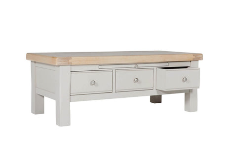 Taupe Wooden 3 Drawer Coffee Table with Oak Top