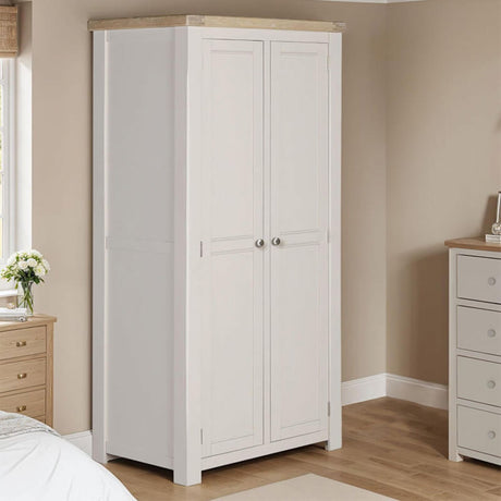 Taupe Painted Wooden 2 Door Double Wardrobe Oak Top