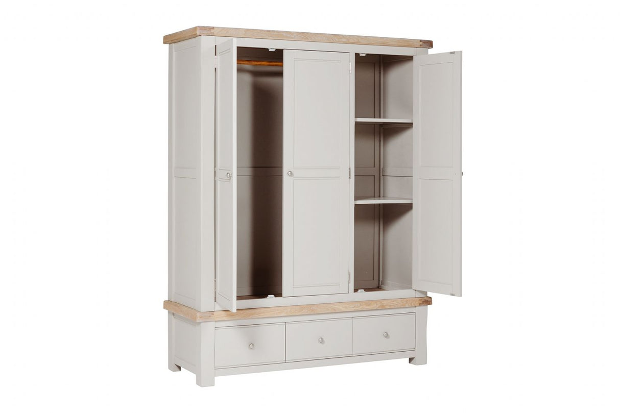 Taupe Wooden 3 Door 3 Drawer Triple Wardrobe Oak Top