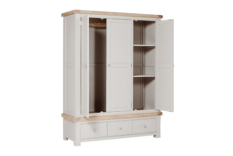 Taupe Wooden 3 Door 3 Drawer Triple Wardrobe Oak Top