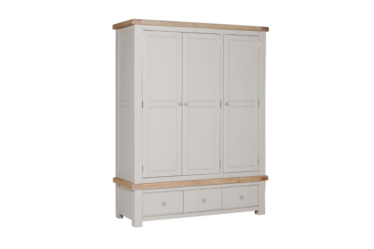 Taupe Wooden 3 Door 3 Drawer Triple Wardrobe Oak Top