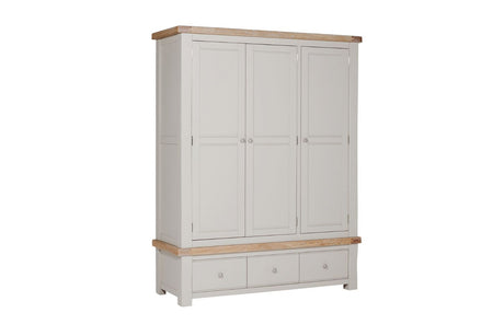 Taupe Wooden 3 Door 3 Drawer Triple Wardrobe Oak Top