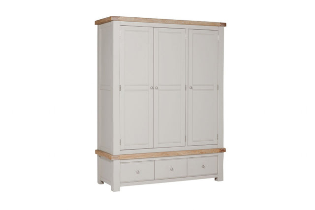 Taupe Wooden 3 Door 3 Drawer Triple Wardrobe Oak Top